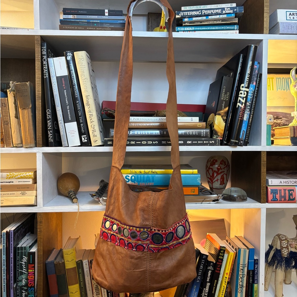 Brown Leather Shoulder Bag with Colorful Accents